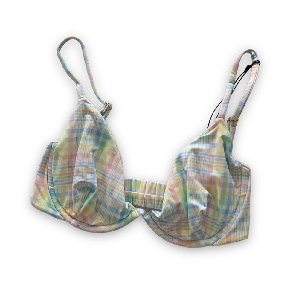 VDM Revolve Isla White Pastel Plaid Print Underwire Swimwear Bikini Top Sm